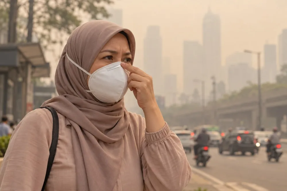 Memakai masker N95 dengan rapat saat kabut asap