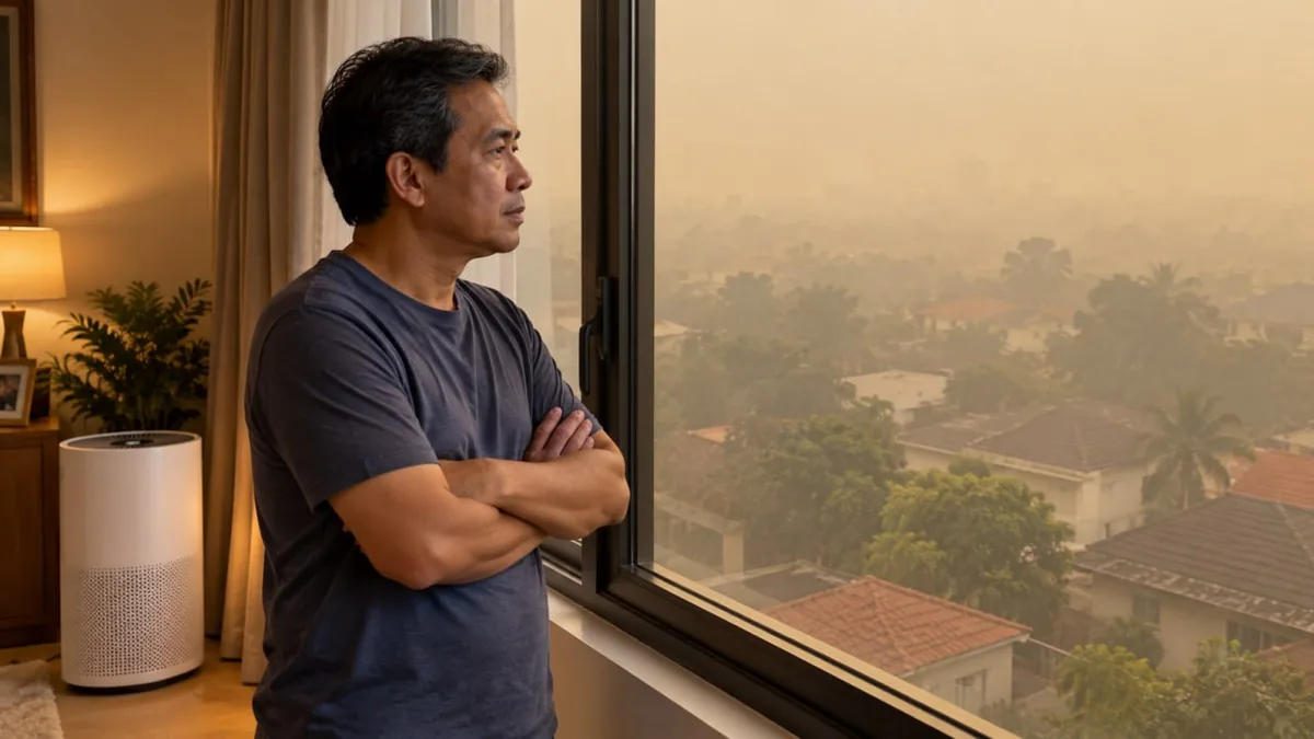 Bahaya asap karhutla: pria paruh baya memantau kabut asap dari dalam rumah