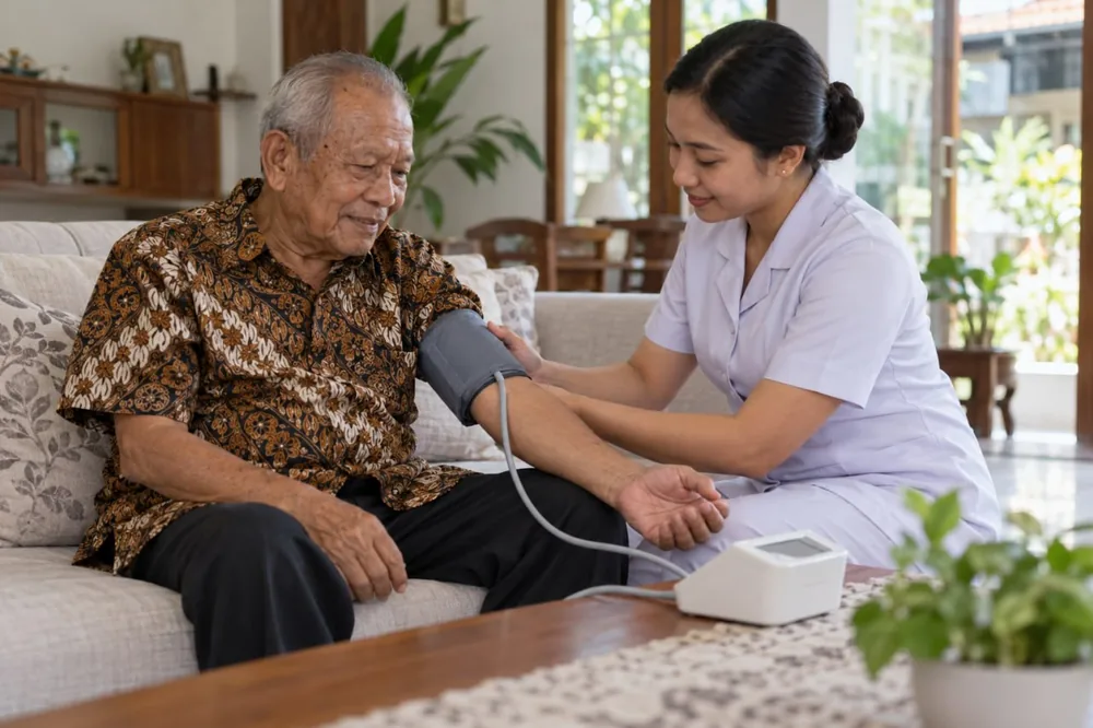 Bahaya mengejan saat BAB pada lansia: perawat mengukur tekanan darah pria lansia dengan alat tensi digital di ruang tamu