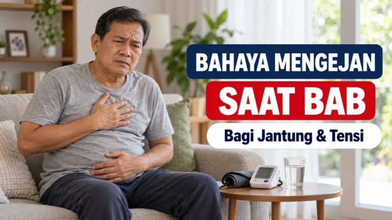 Pria paruh baya duduk di sofa memegang dada dan perut, dengan alat tensi digital di meja