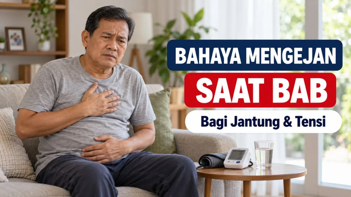 Pria paruh baya duduk di sofa memegang dada dan perut, dengan alat tensi digital di meja