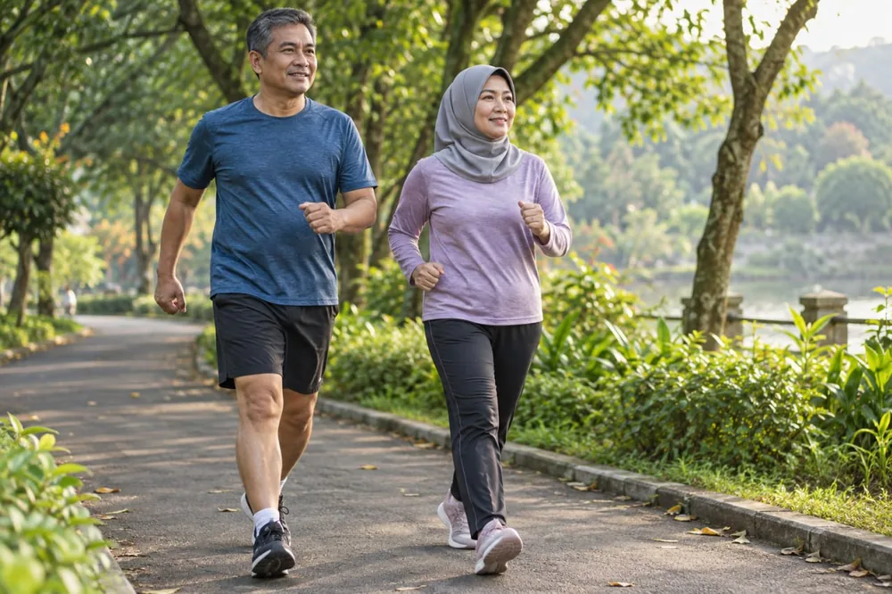 Suami istri berjalan cepat bersama di jalur taman pada pagi hari, olahraga aerobik yang dibahas sebagai cara melenturkan pembuluh darah