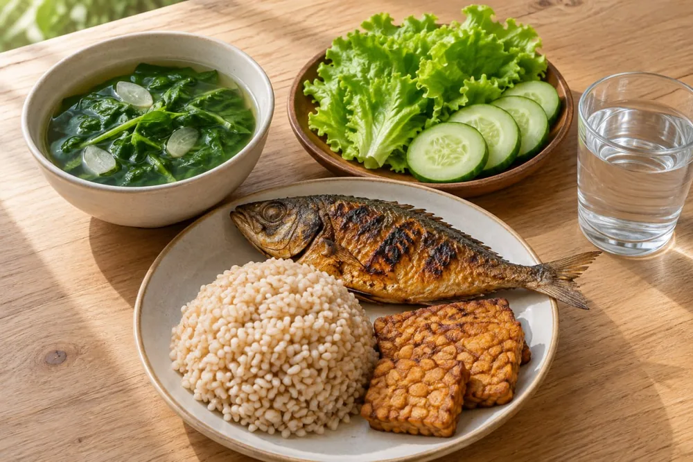 Makan siang sederhana berisi nasi merah, ikan bakar, tempe, sayur bening, dan lalapan, contoh menu harian saat ingin melenturkan pembuluh darah lewat pola makan