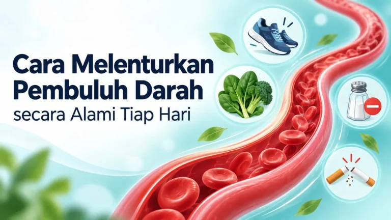 Ilustrasi pembuluh darah dengan ikon sepatu olahraga, sayuran hijau, garam, dan rokok, sampul artikel cara melenturkan pembuluh darah