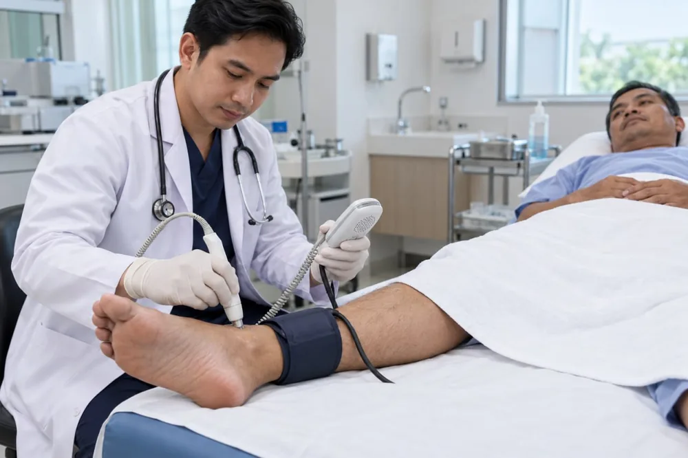 Dokter memeriksa tekanan darah di pergelangan kaki pasien dengan manset dan alat doppler, pemeriksaan bila ada ciri peredaran darah tidak lancar