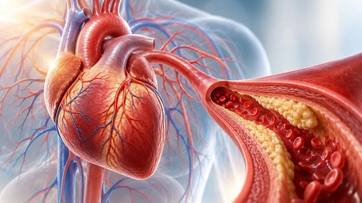 Ilustrasi jantung dan penampang arteri yang menyempit akibat penumpukan plak pada hipertensi