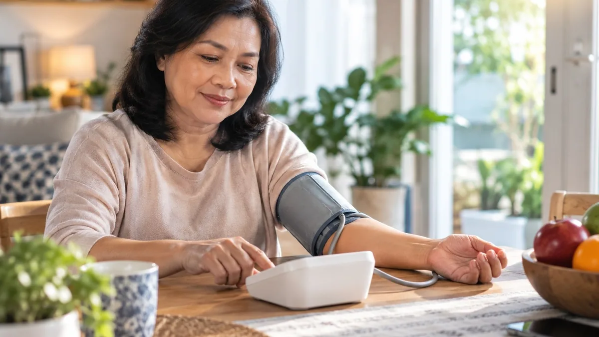 Seorang wanita paruh baya memeriksa tekanan darahnya sendiri di rumah menggunakan tensimeter digital