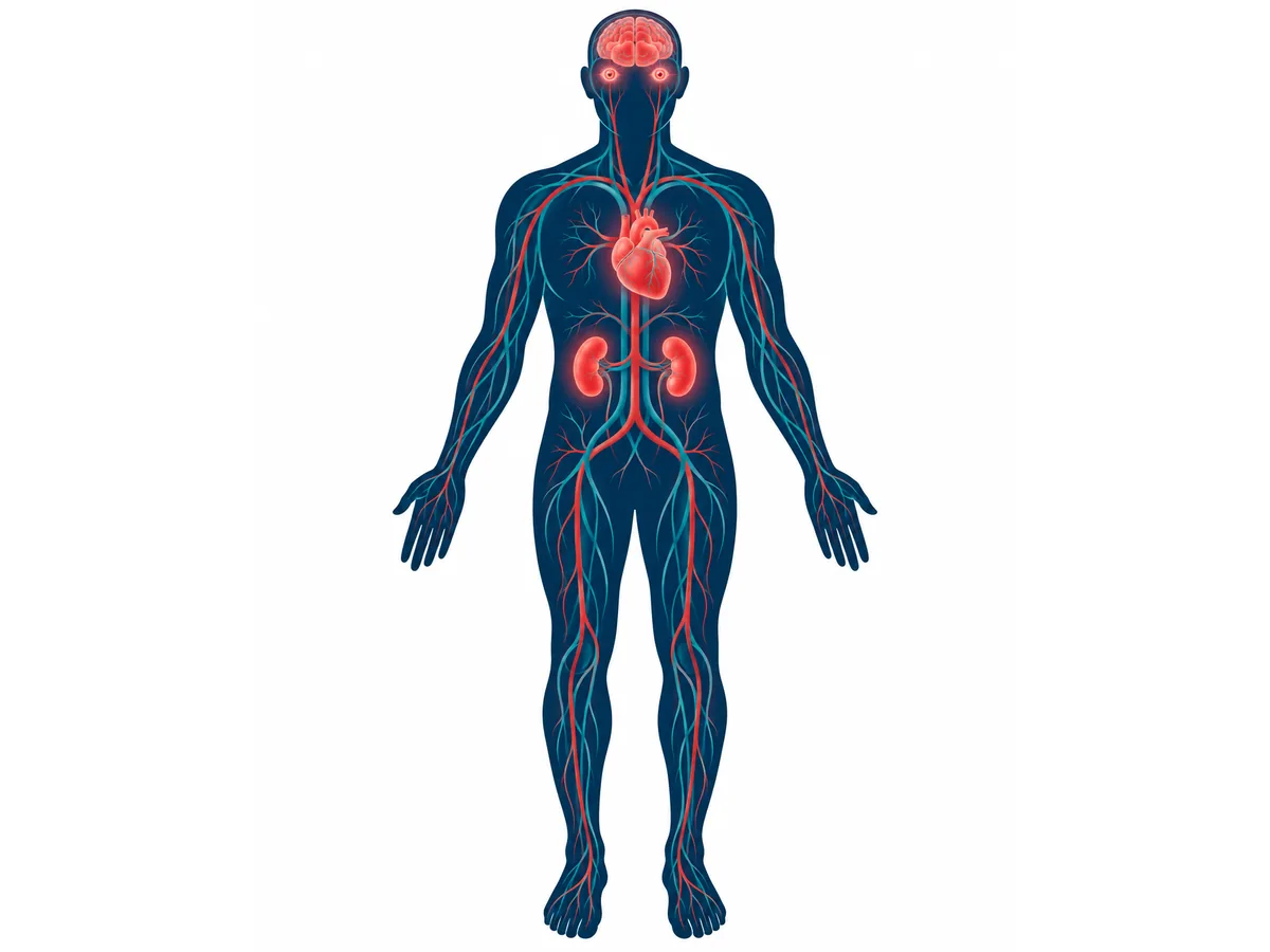 Ilustrasi organ tubuh yang terdampak hipertensi: otak, jantung, ginjal, dan mata