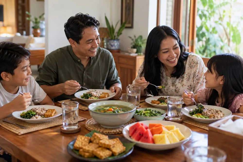 Menu sehat untuk hubungan usus dan jantung: keluarga Indonesia makan siang nasi merah, sayur sop, tempe, buah, dan air putih