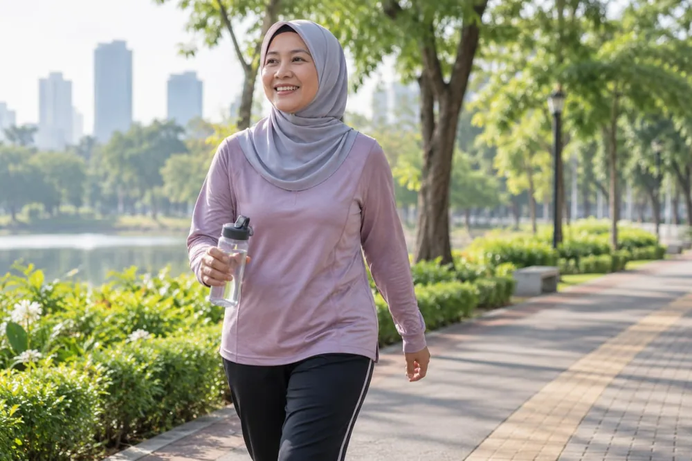 Wanita berhijab jalan cepat di taman kota pada pagi hari sambil membawa botol air minum