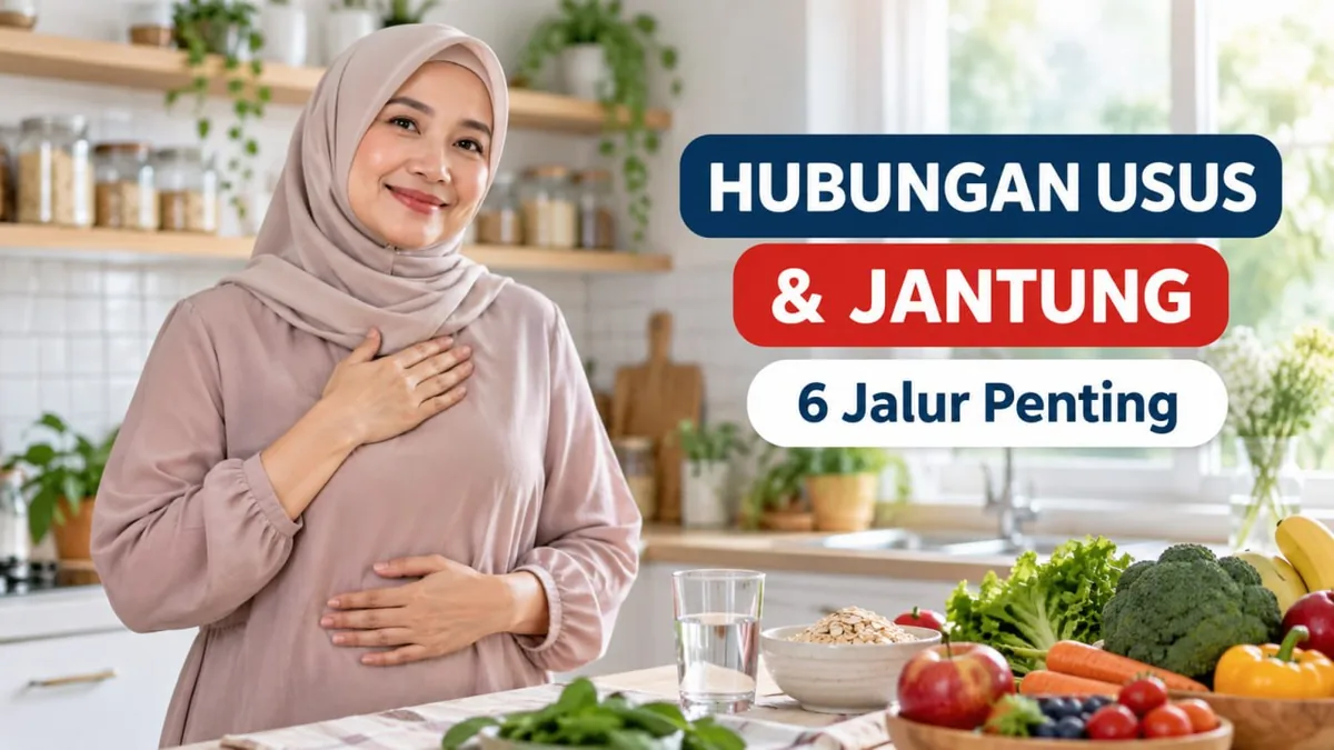 Ilustrasi hubungan usus dan jantung: wanita memegang perut dan dada di dapur dengan sayur, buah, dan oat