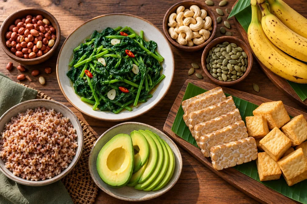 Tumis kangkung, nasi merah, alpukat, tempe, tahu, kacang, biji labu, dan pisang sebagai contoh menu bagi yang khawatir kekurangan magnesium