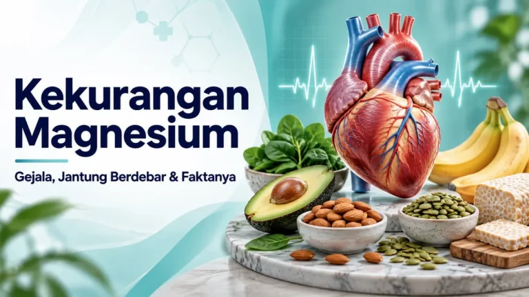 Model jantung di antara bayam, alpukat, almon, biji labu, tempe, dan pisang, sampul artikel kekurangan magnesium