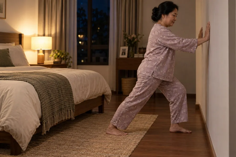 Wanita meregangkan otot betis dengan bertumpu ke dinding kamar sebelum tidur, salah satu cara mengurangi kram kaki malam hari
