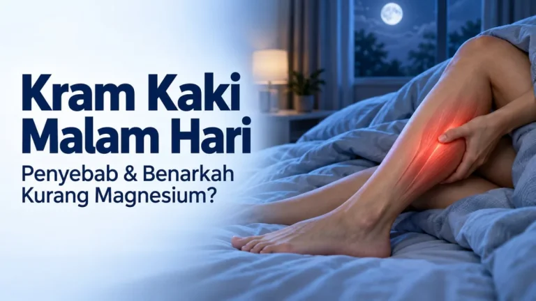 Kaki yang tegang di atas kasur pada malam hari dengan otot betis disorot, ilustrasi kram kaki malam hari