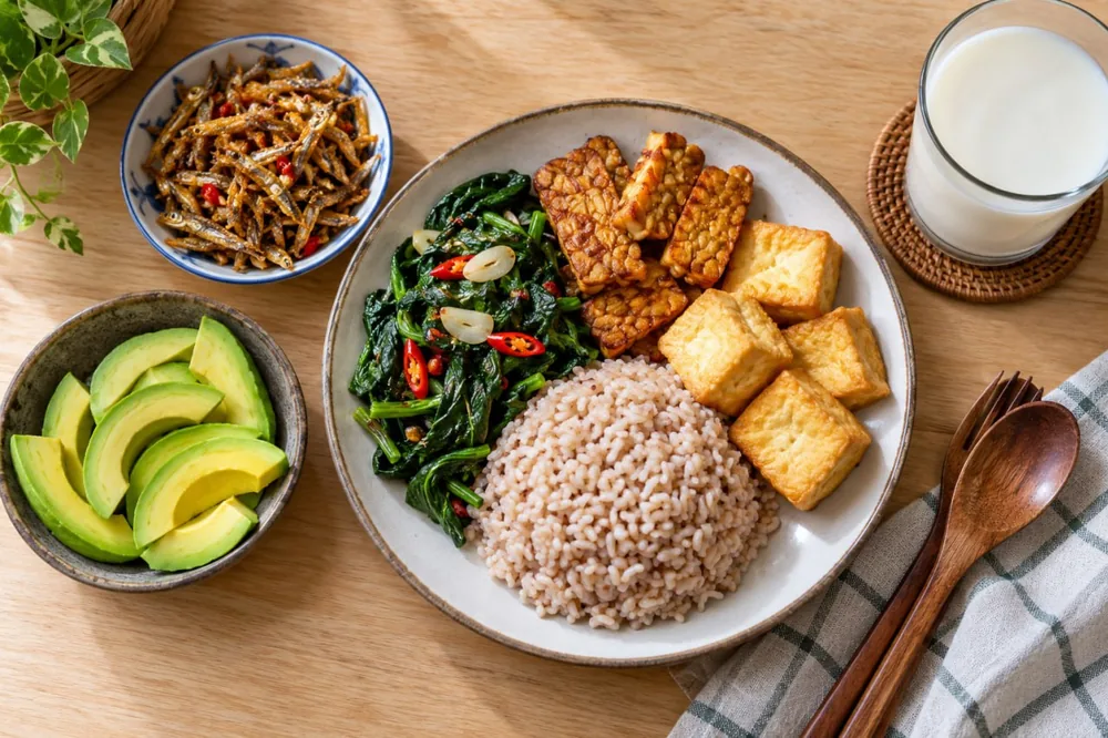 Menu rumahan kaya mineral: tumis bayam, tempe, tahu, teri, alpukat, dan susu sebagai sumber magnesium untuk tekanan darah dari makanan