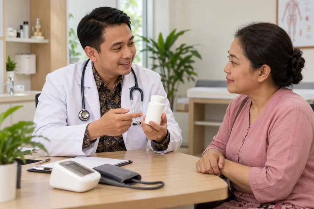 Dokter menjelaskan suplemen kepada pasien di samping alat tensi, pentingnya konsultasi sebelum memakai magnesium untuk tekanan darah