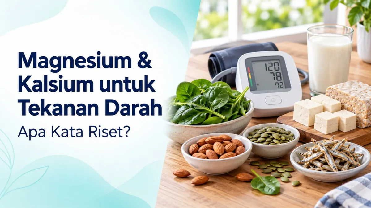Bayam, almon, biji labu, teri, tahu, tempe, dan susu di samping alat tensi, ilustrasi sumber magnesium dan kalsium untuk tekanan darah