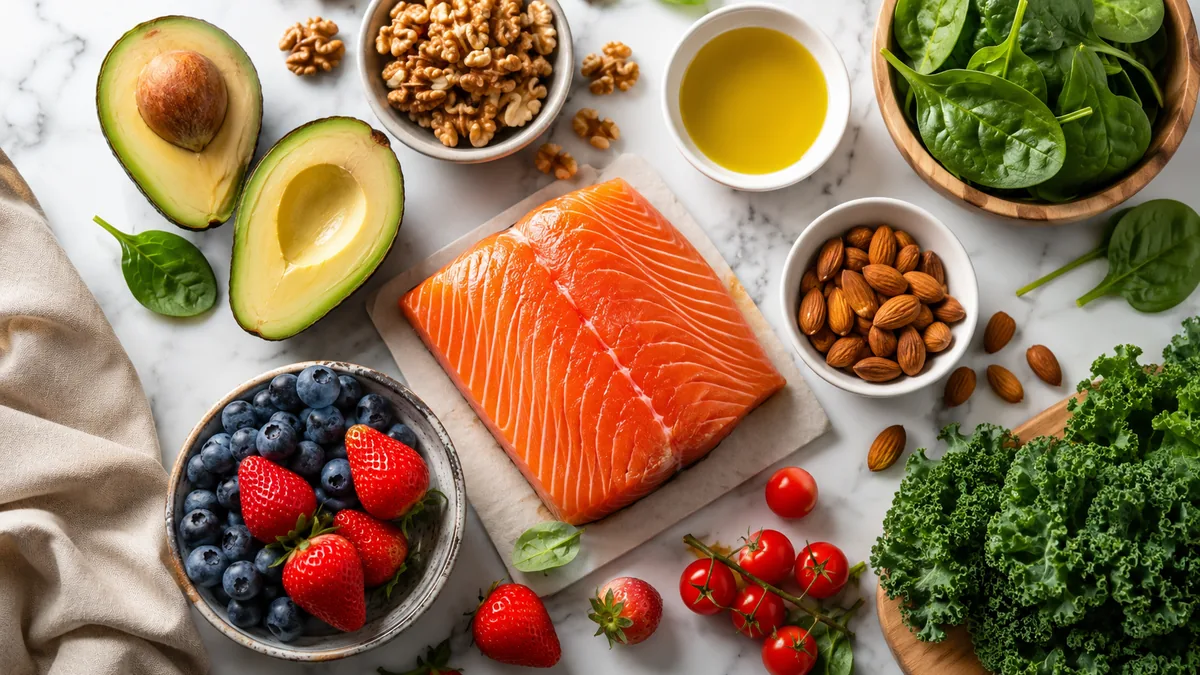 Aneka makanan sehat untuk jantung: salmon, alpukat, kacang, buah beri, dan sayuran hijau