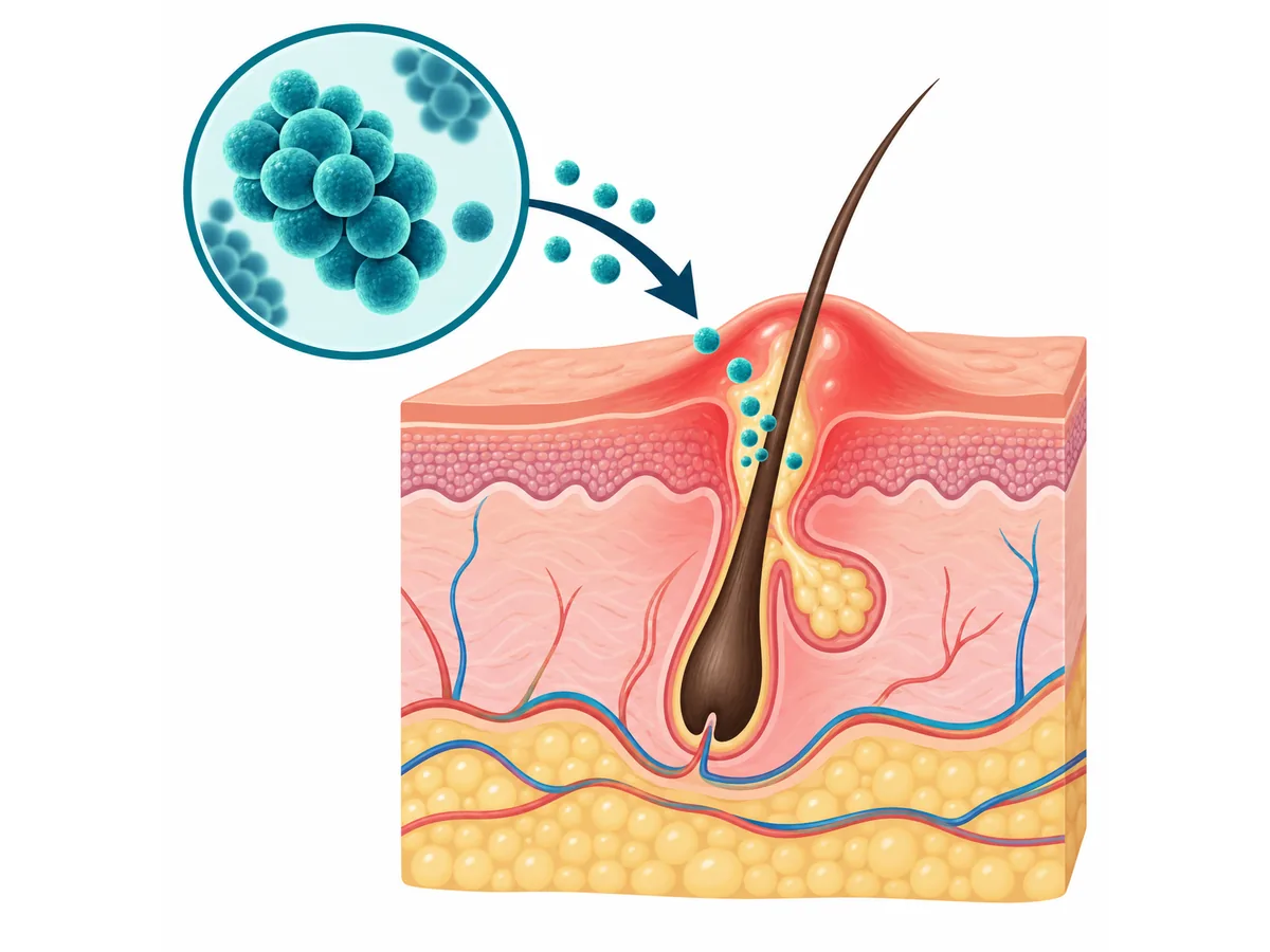 Ilustrasi penampang kulit: bakteri Staphylococcus masuk ke folikel rambut menyebabkan bisul