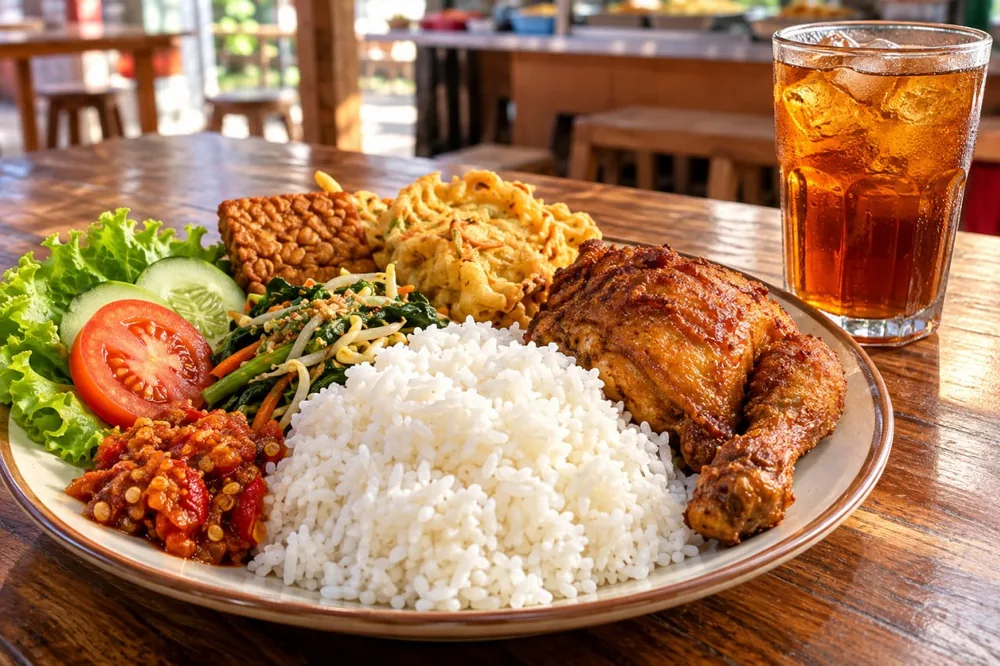 Porsi besar yang memicu ngantuk setelah makan: nasi putih, ayam goreng, tempe, bakwan, sambal, dan es teh manis di warung