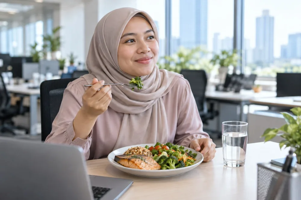 Pekerja kantor berhijab makan siang seimbang: banyak sayur, ikan panggang, sedikit nasi merah, dan air putih