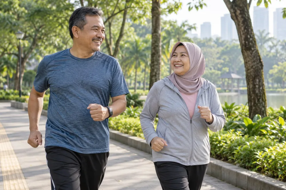 Pasangan paruh baya jalan cepat di taman, contoh pola hidup aktif bagi yang peduli risiko pembuluh darah kaku