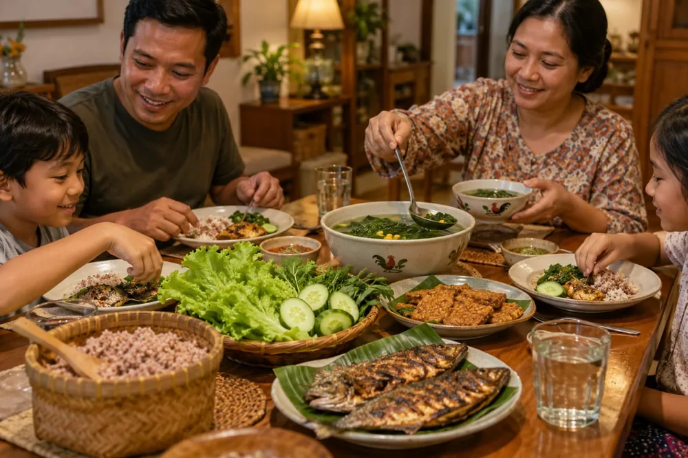 Keluarga makan malam bersama dengan sayur bening, lalapan, ikan bakar, dan tempe, contoh menyajikan sayuran hijau untuk jantung di menu harian