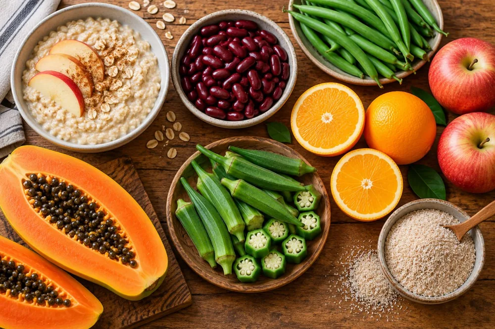Serat larut menurunkan kolesterol: contoh sumbernya oatmeal, kacang merah, buncis, okra, pepaya, jeruk, apel, dan psyllium