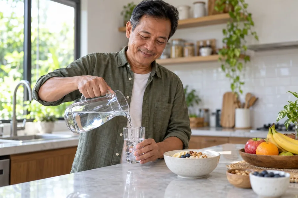 Pria paruh baya menuang air putih ke gelas di dapur, dengan semangkuk oatmeal dan buah di meja