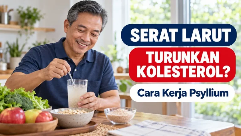 Pria paruh baya mengaduk minuman serat psyllium di meja makan dengan oat, apel, dan sayuran